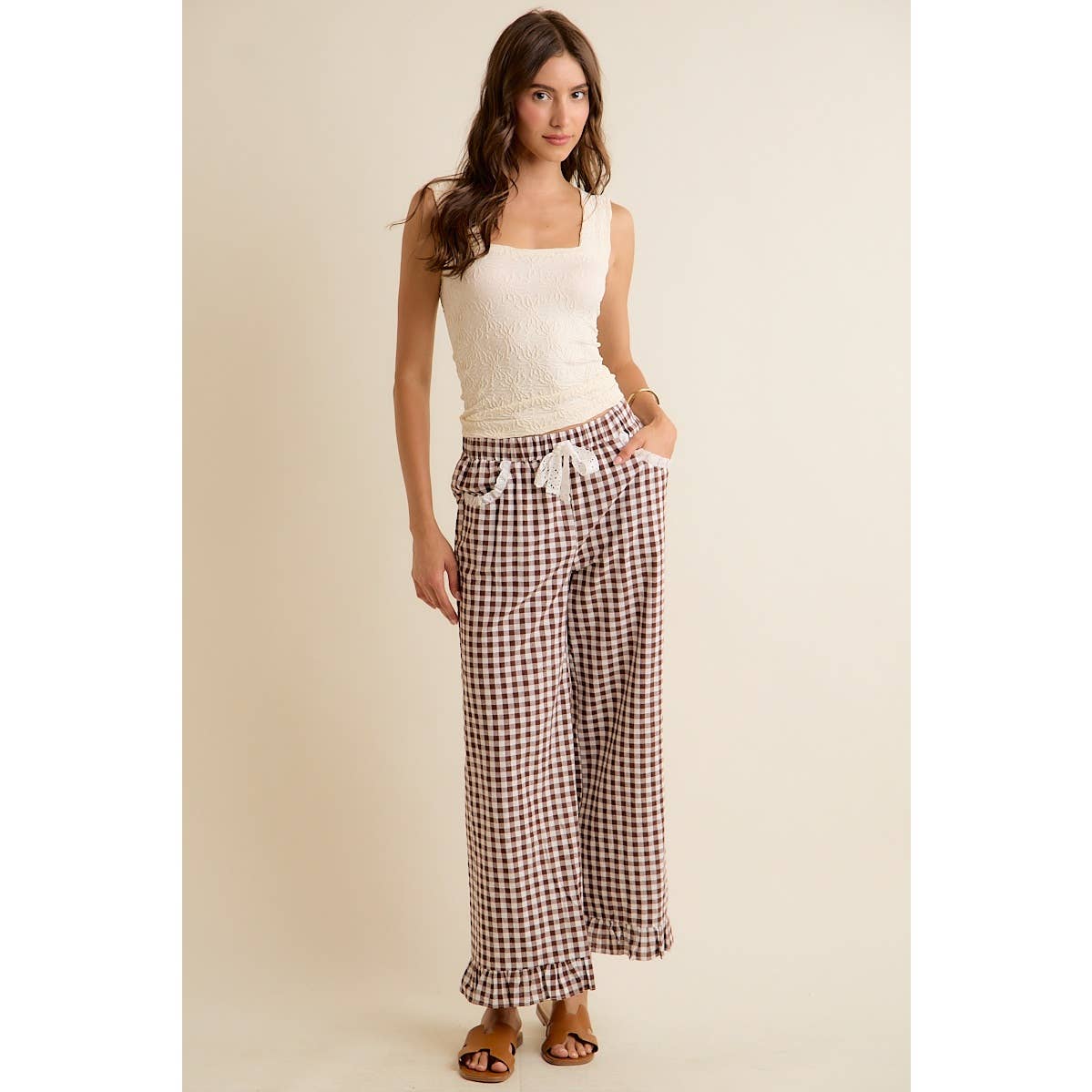 GINGHAM LACE RUFFLED PULL ON PANTS
