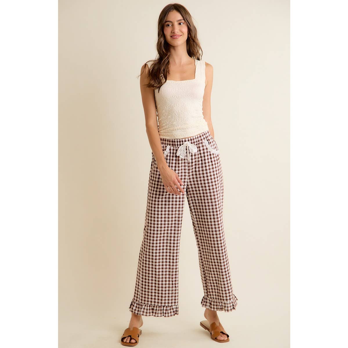 GINGHAM LACE RUFFLED PULL ON PANTS