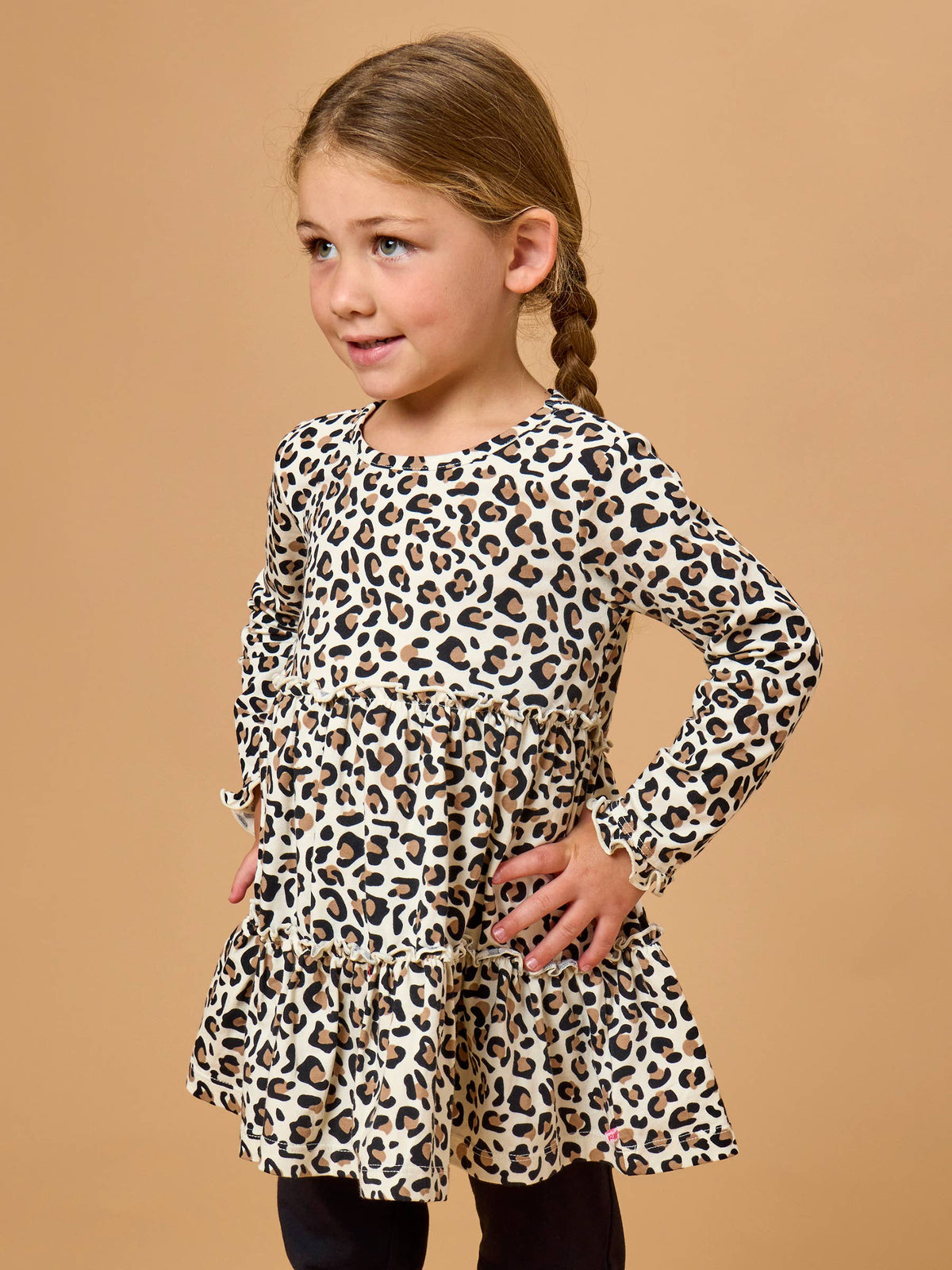 Girls Classic Leopard Knit Ruffle Tiered Tunic Top