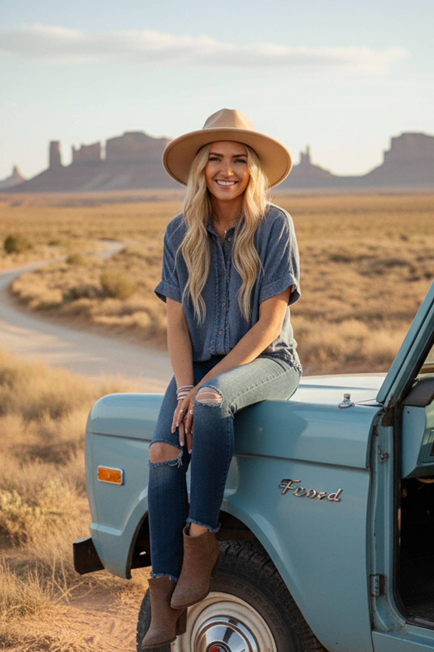 Frayed Trim Denim Button Top