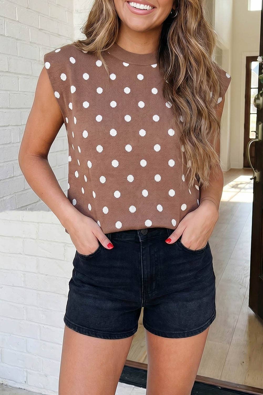 Polka Dot Cap Sleeve Knit Sweater Top
