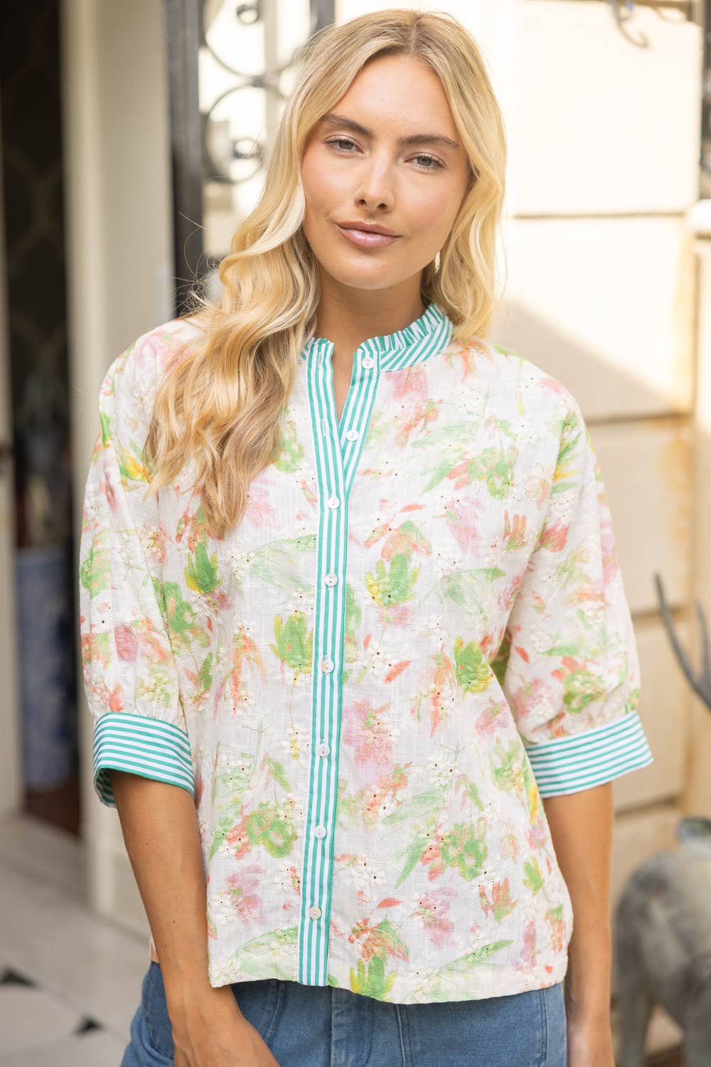 Stripe Contrast Button Down Floral Embroidered Top