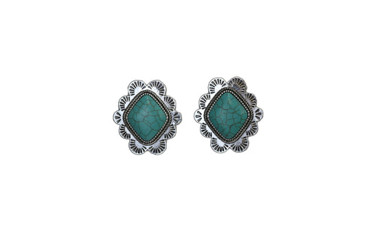 2" Turq Diamond Post Earring w/ Silver Stamped Border