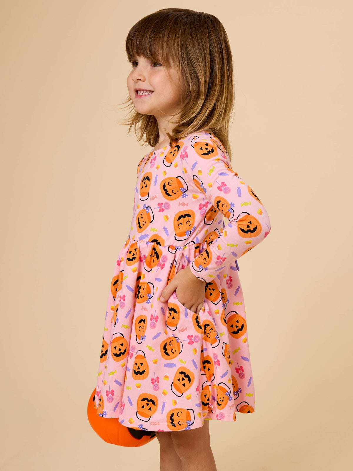Girls Pumpkin Boo Crew Knit Long Sleeve Twirl Dress