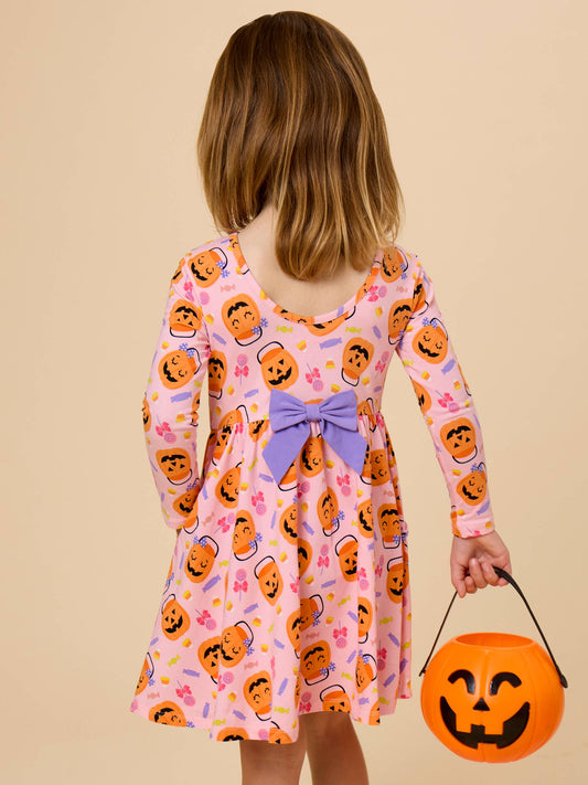Girls Pumpkin Boo Crew Knit Long Sleeve Twirl Dress