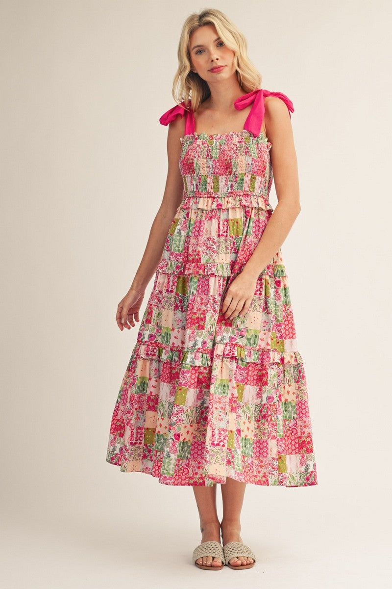 Tie Shoulder Floral Midi Dress