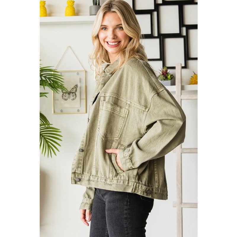 Plus Size Oversize Pleated Back Color Denim Jacket
