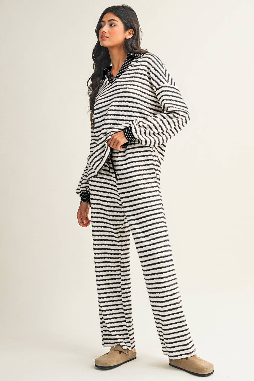 Stripe Collared Pullover Top and Drawstring Pant Set