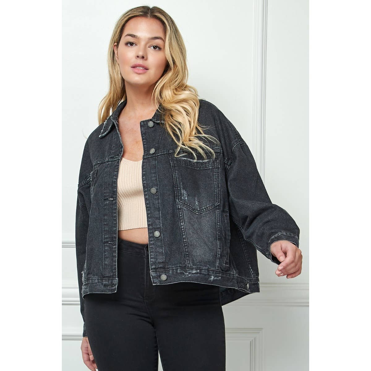 Plus Size Oversize Pleated Back Color Denim Jacket