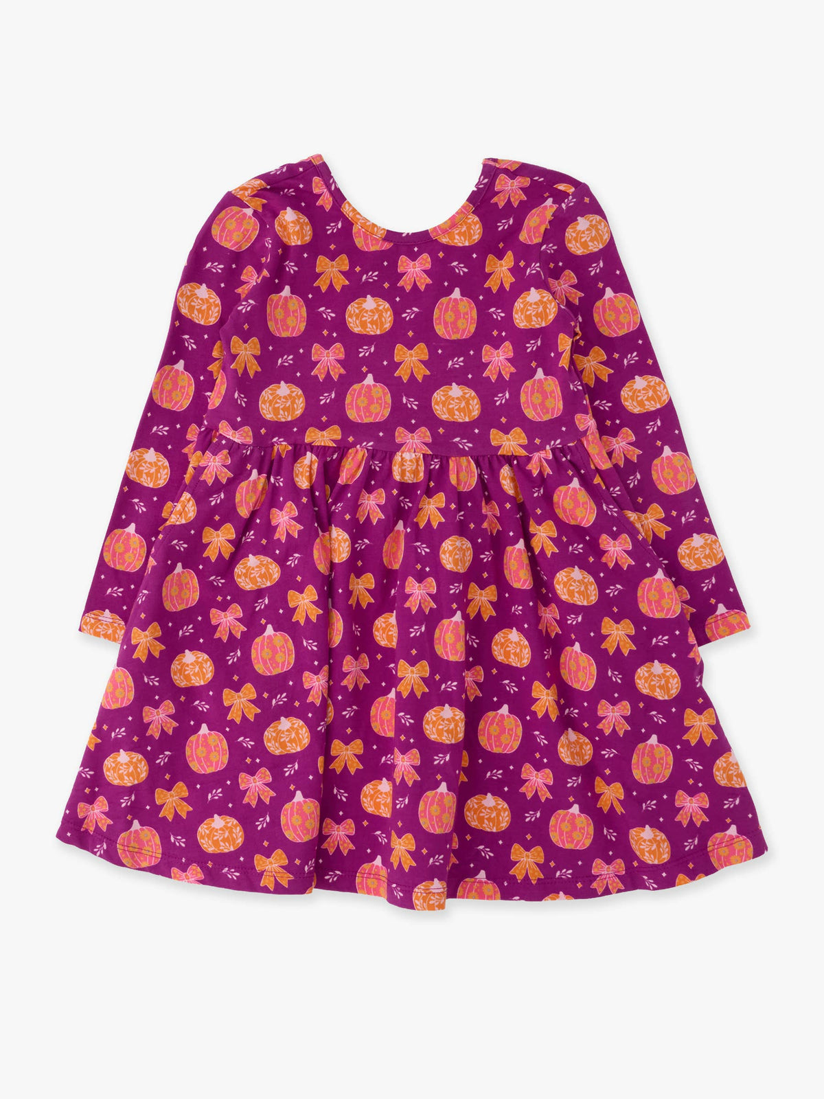Girls Pumpkin Bow Patch Knit Long Sleeve Twirl Dress