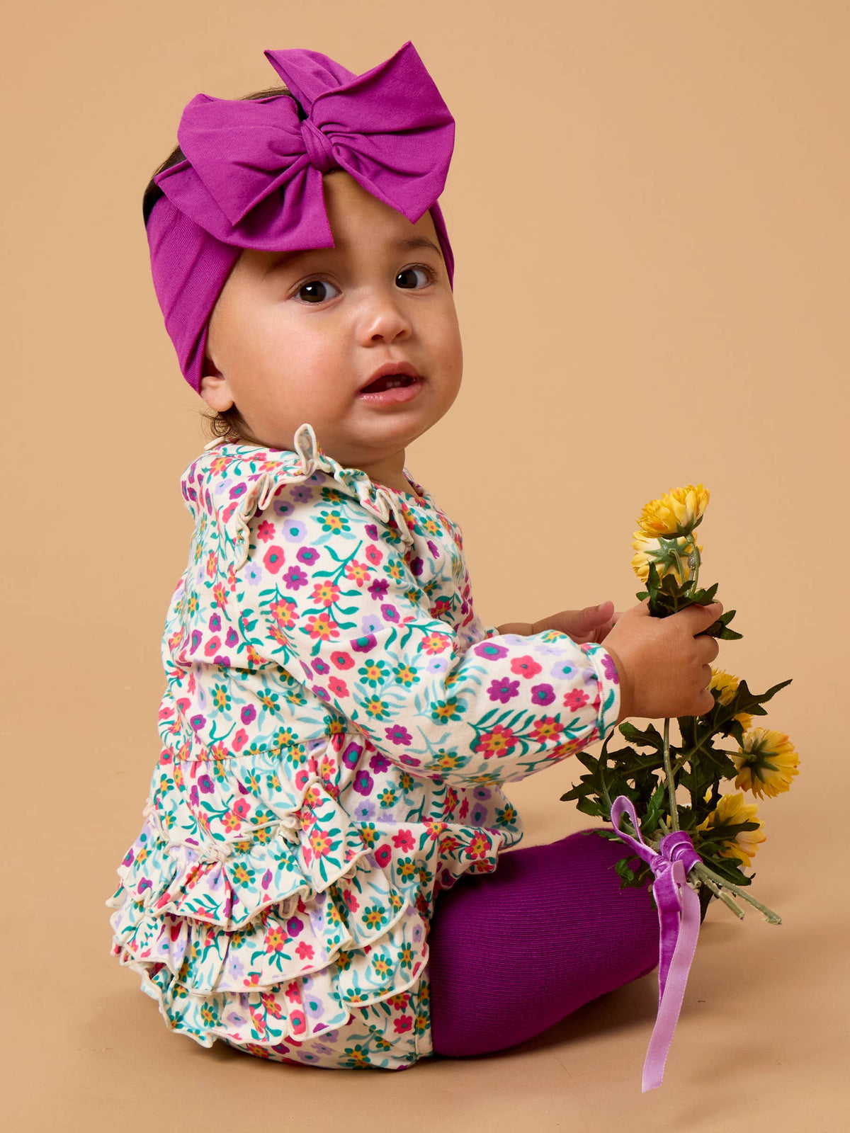 Baby Girls Wildflower Meadow Knit Long Sleeve Flutter Bubble Romper