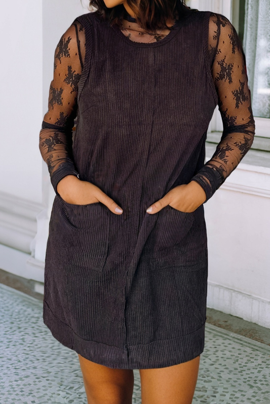 Corduroy Sleeveless Patched Pockets Mini Dress