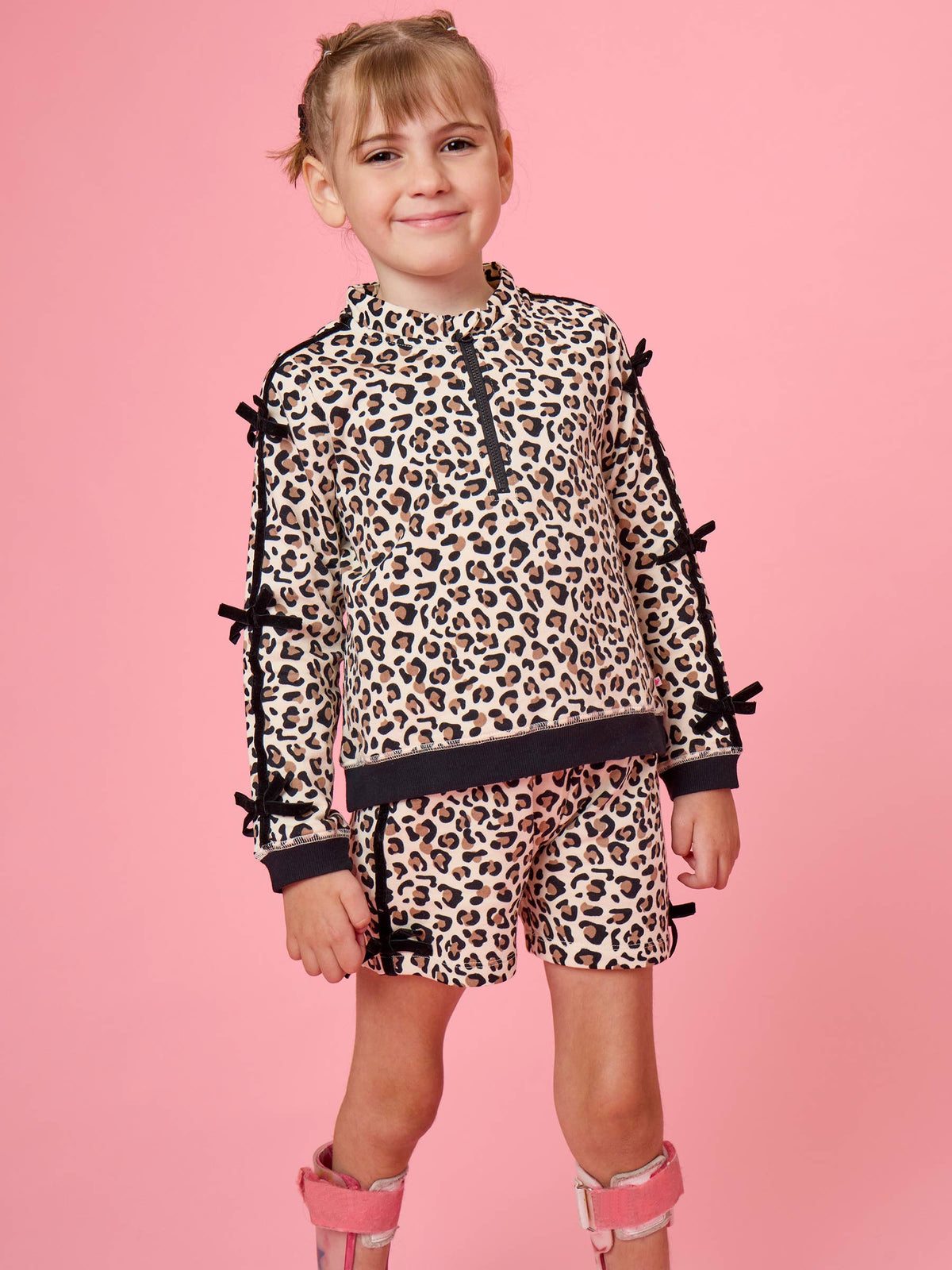 Girls Classic Leopard Fleece Bow Quarter Zip & Shorts Set