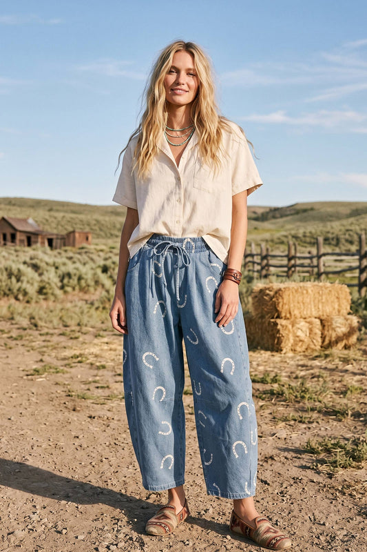 Oversized Horseshoe Print Denim Barrel Pants