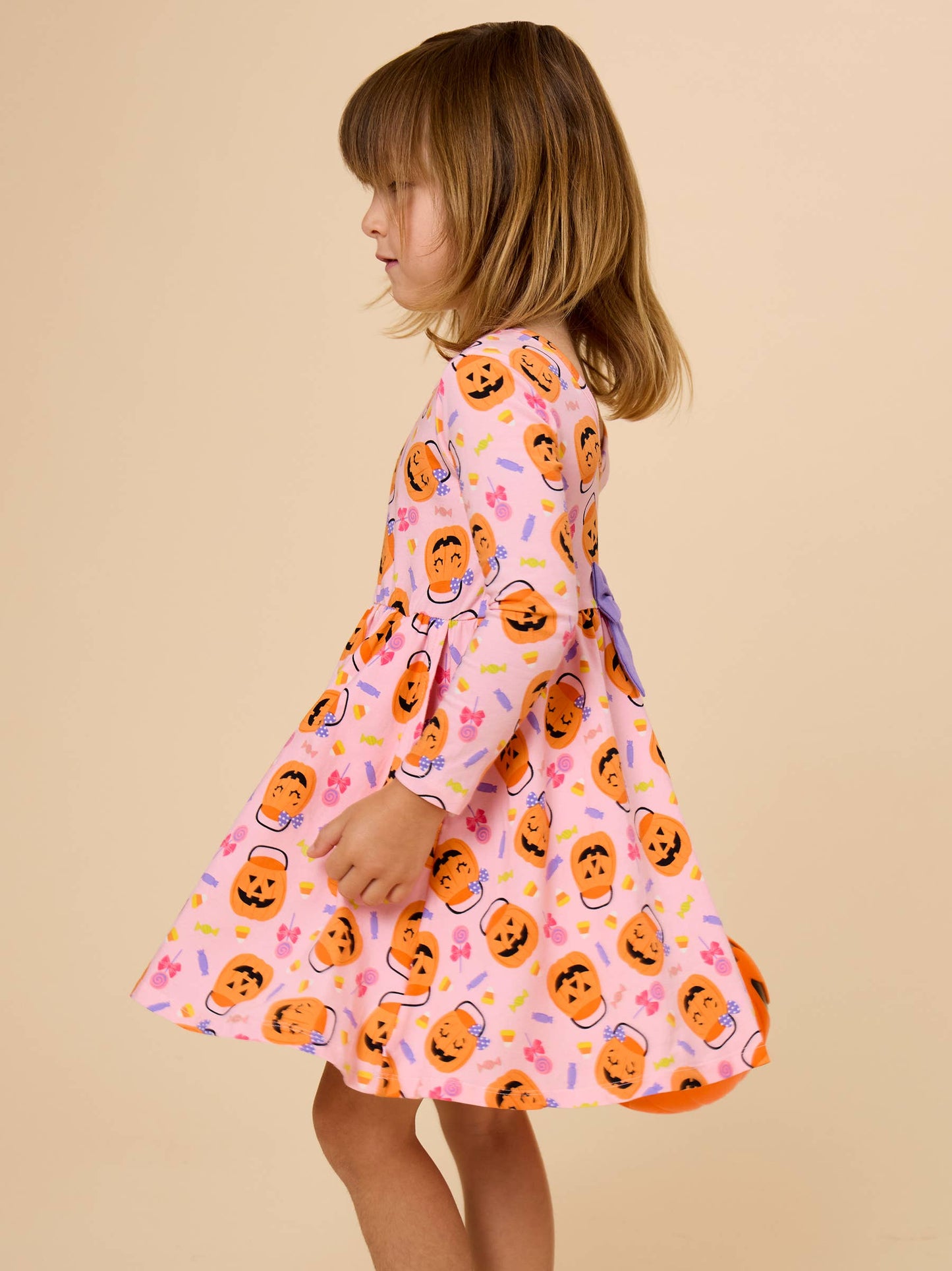 Girls Pumpkin Boo Crew Knit Long Sleeve Twirl Dress