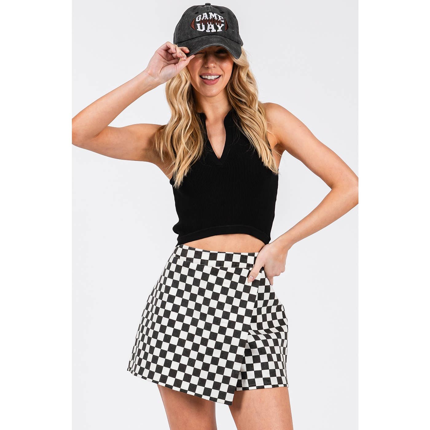 GAME DAY CHECKERED OVERLAY WRAP FRONT MINI SKORT