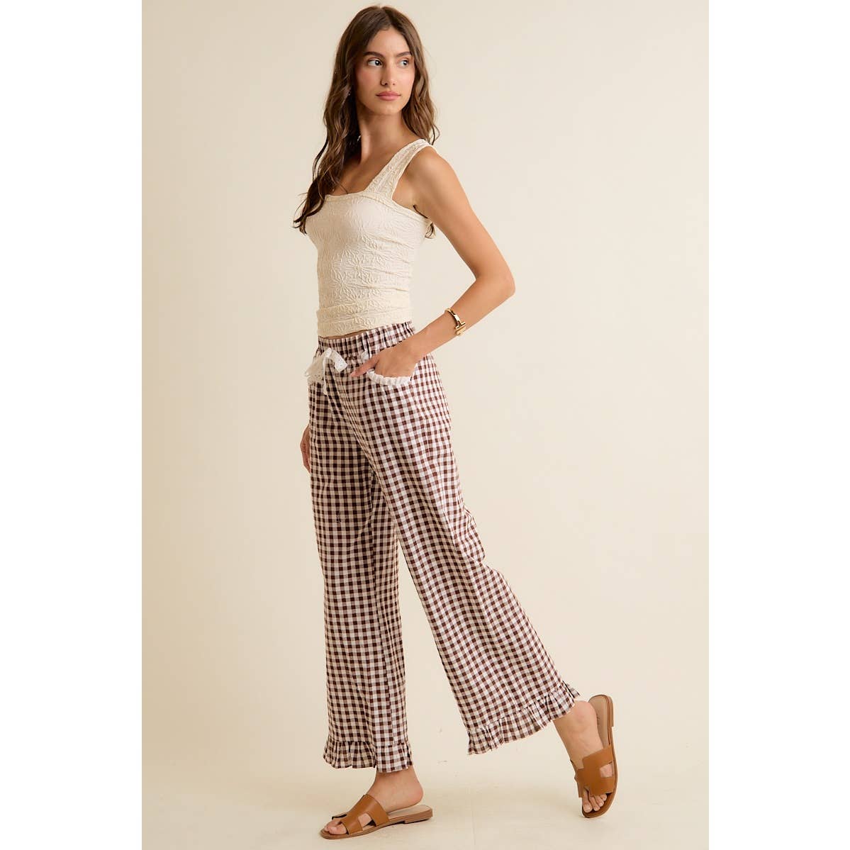 GINGHAM LACE RUFFLED PULL ON PANTS