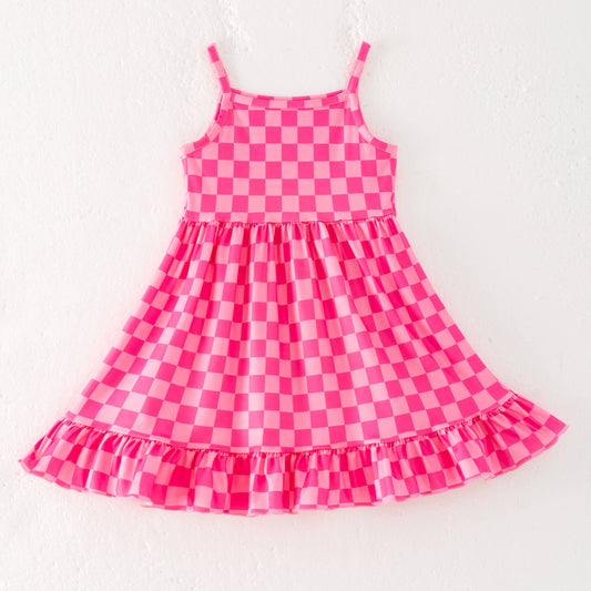 Girls Summer Hot Pink Plaid Slip Dress