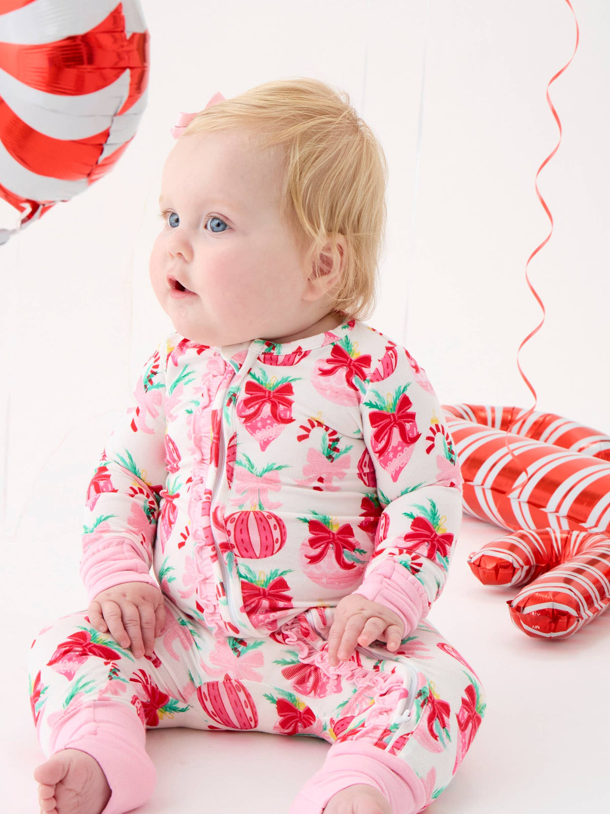 SoftSnooze™ Baby Girls Bamboo Viscose Holly Christmas Ornament Bows Convertible Ruffle One Piece Footie Pajama