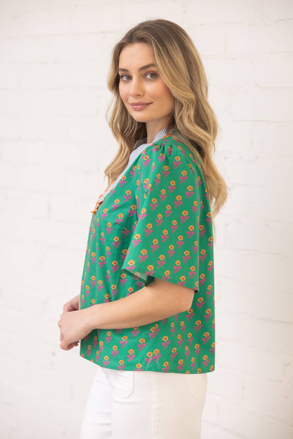 Wavy Trim Striped Yoke Print Top