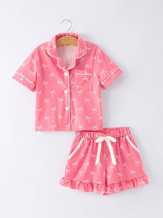 Kids  Bow Print Ruffle Pajama Set
