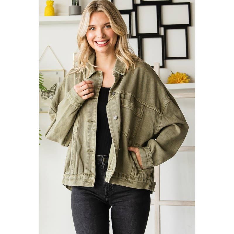 Plus Size Oversize Pleated Back Color Denim Jacket