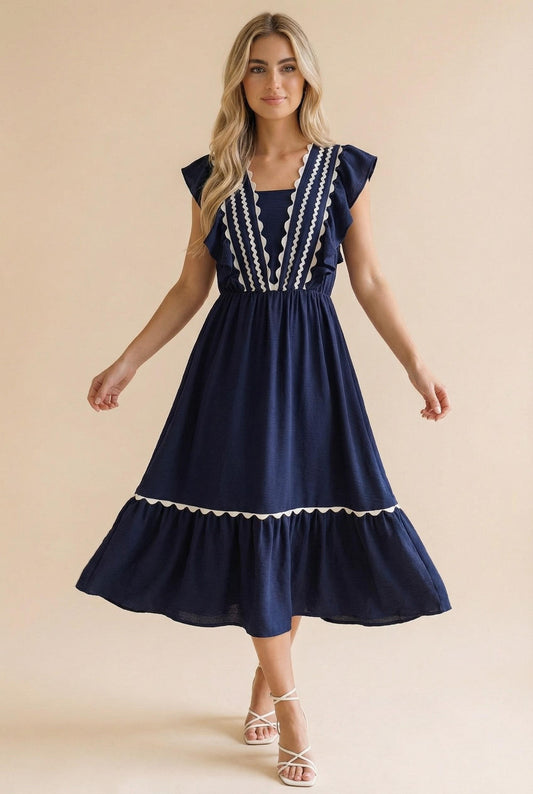 Ric Rac Ruffle Short Sleeve Midi Woven Dress