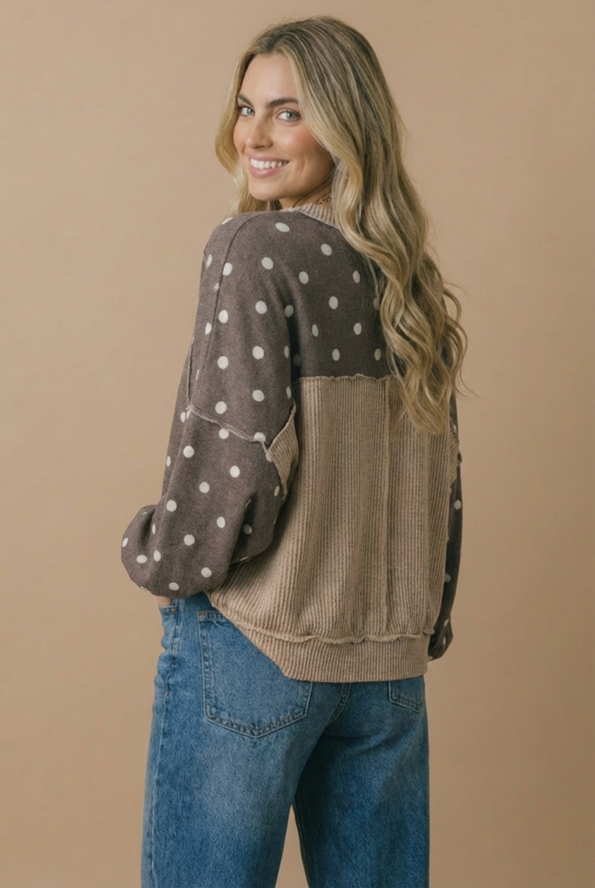 Plus Crew Neck Polka Dot Reverse Stitch Pullover