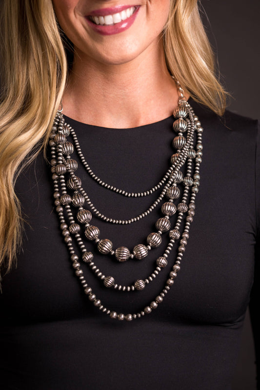 24" 5 Strand Worn Silver Melon Bead Necklace
