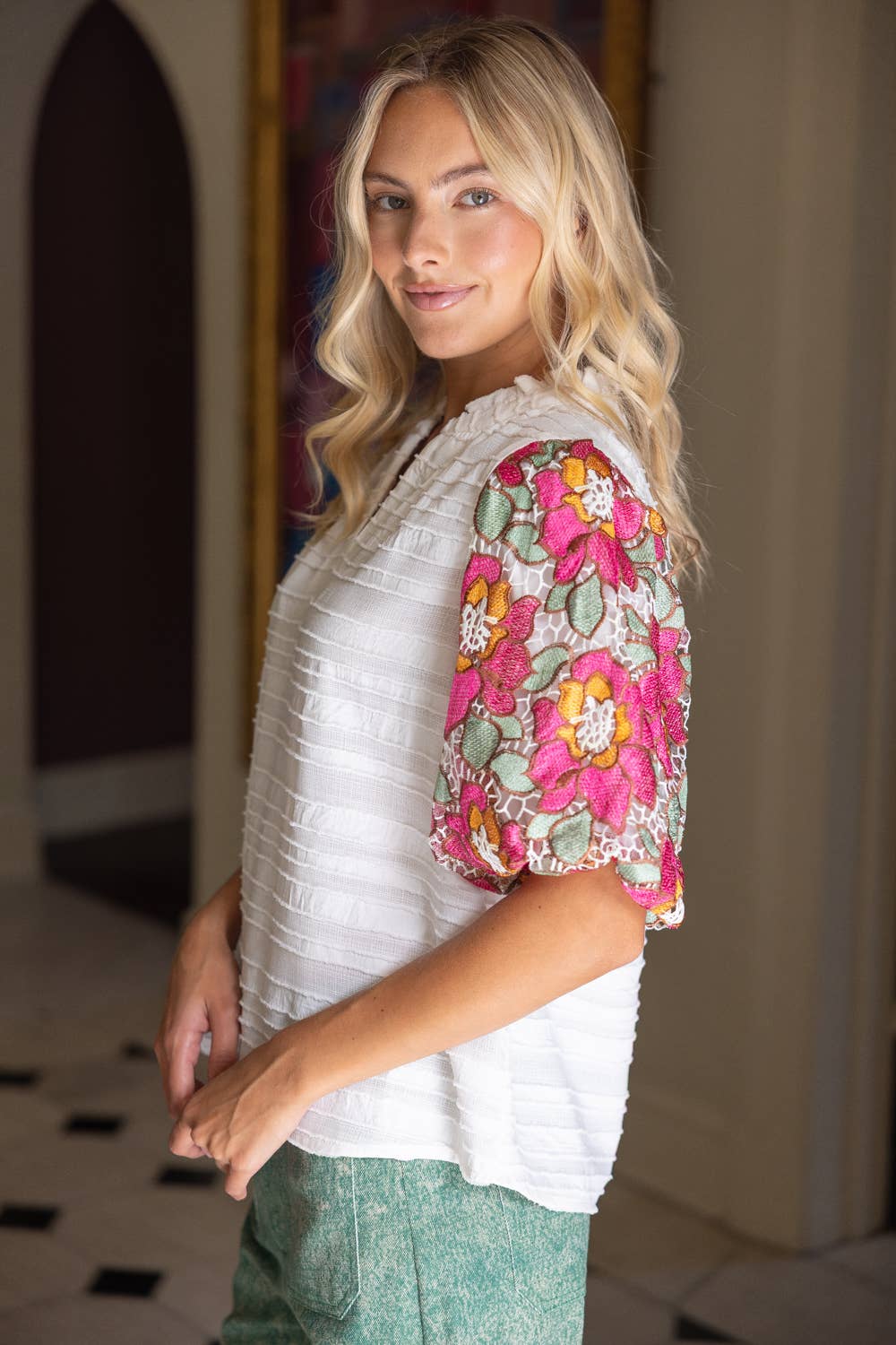 Floral Embroidered Short Bubble Sleeve Top