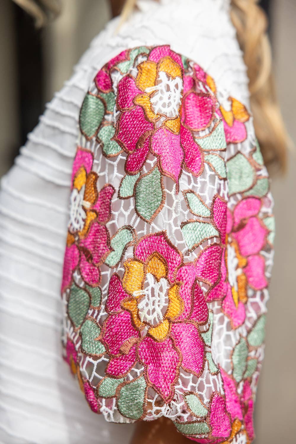 Floral Embroidered Short Bubble Sleeve Top