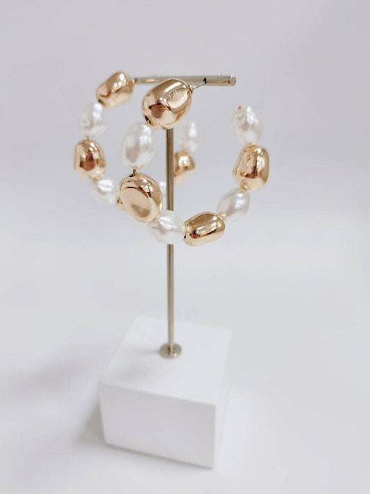 Gold Textured and Pearl 2" Hoop Earring