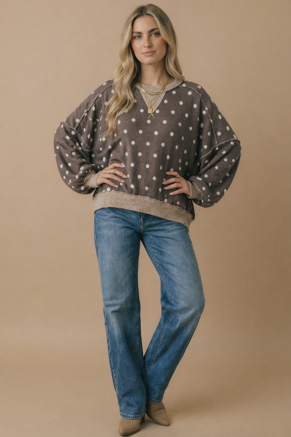 Plus Crew Neck Polka Dot Reverse Stitch Pullover