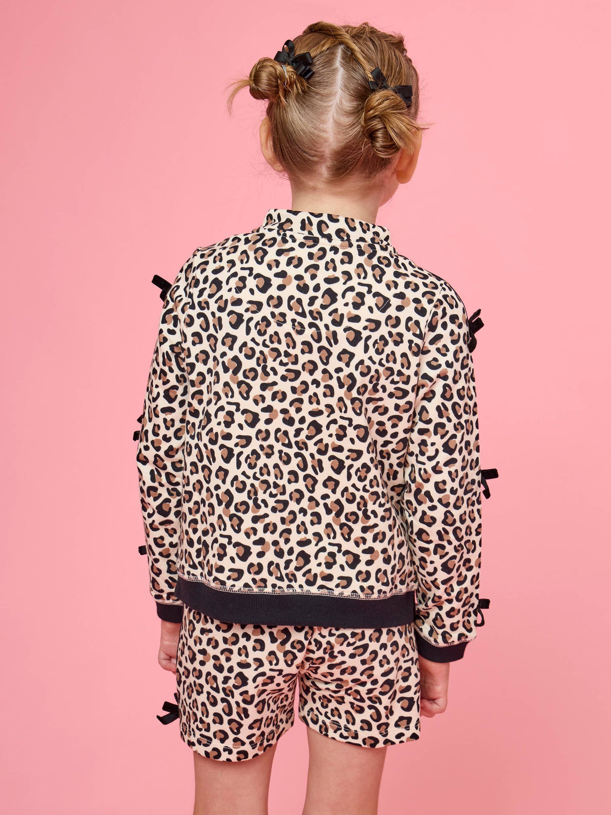 Girls Classic Leopard Fleece Bow Quarter Zip & Shorts Set