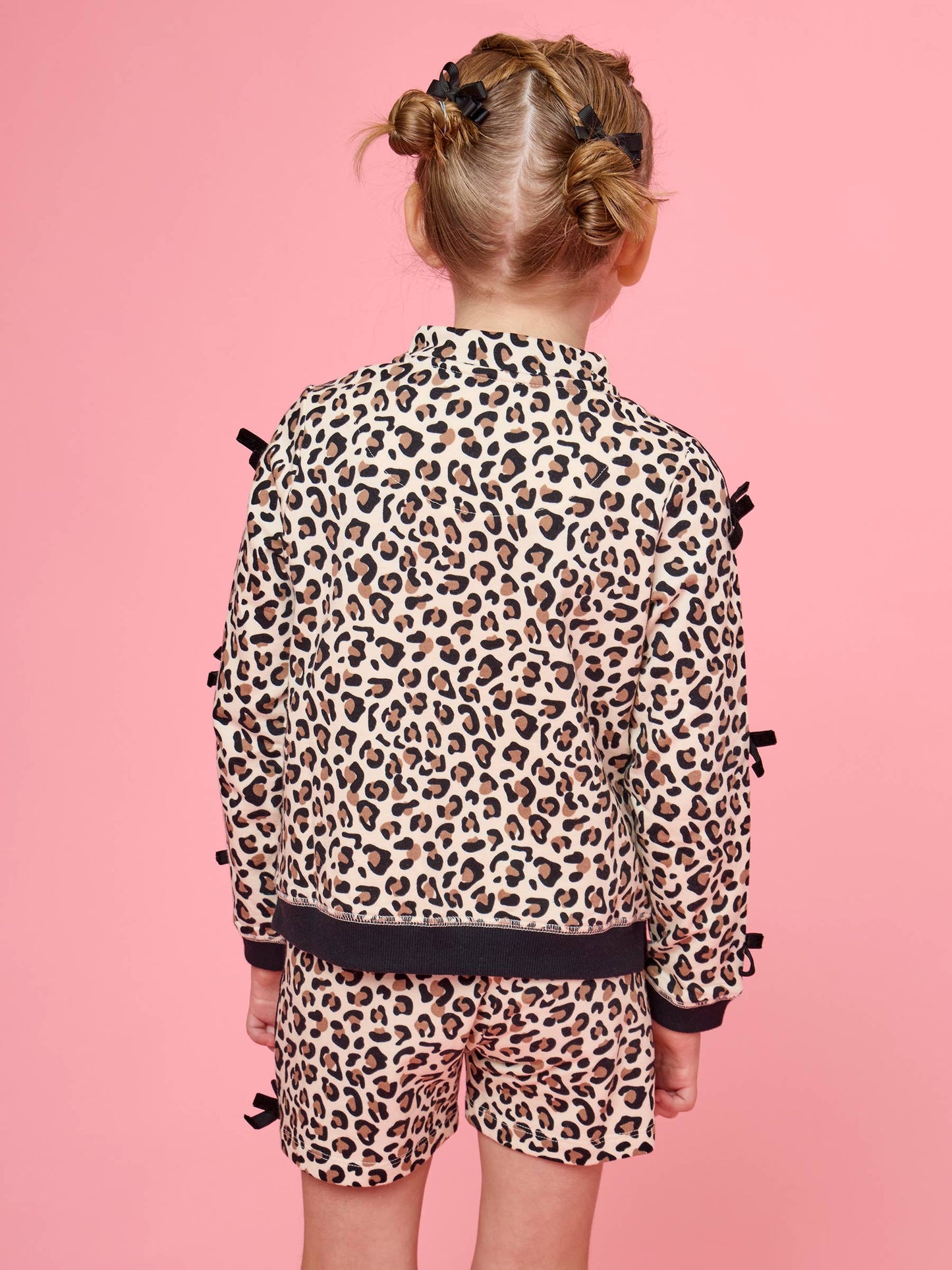 Girls Classic Leopard Fleece Bow Quarter Zip & Shorts Set