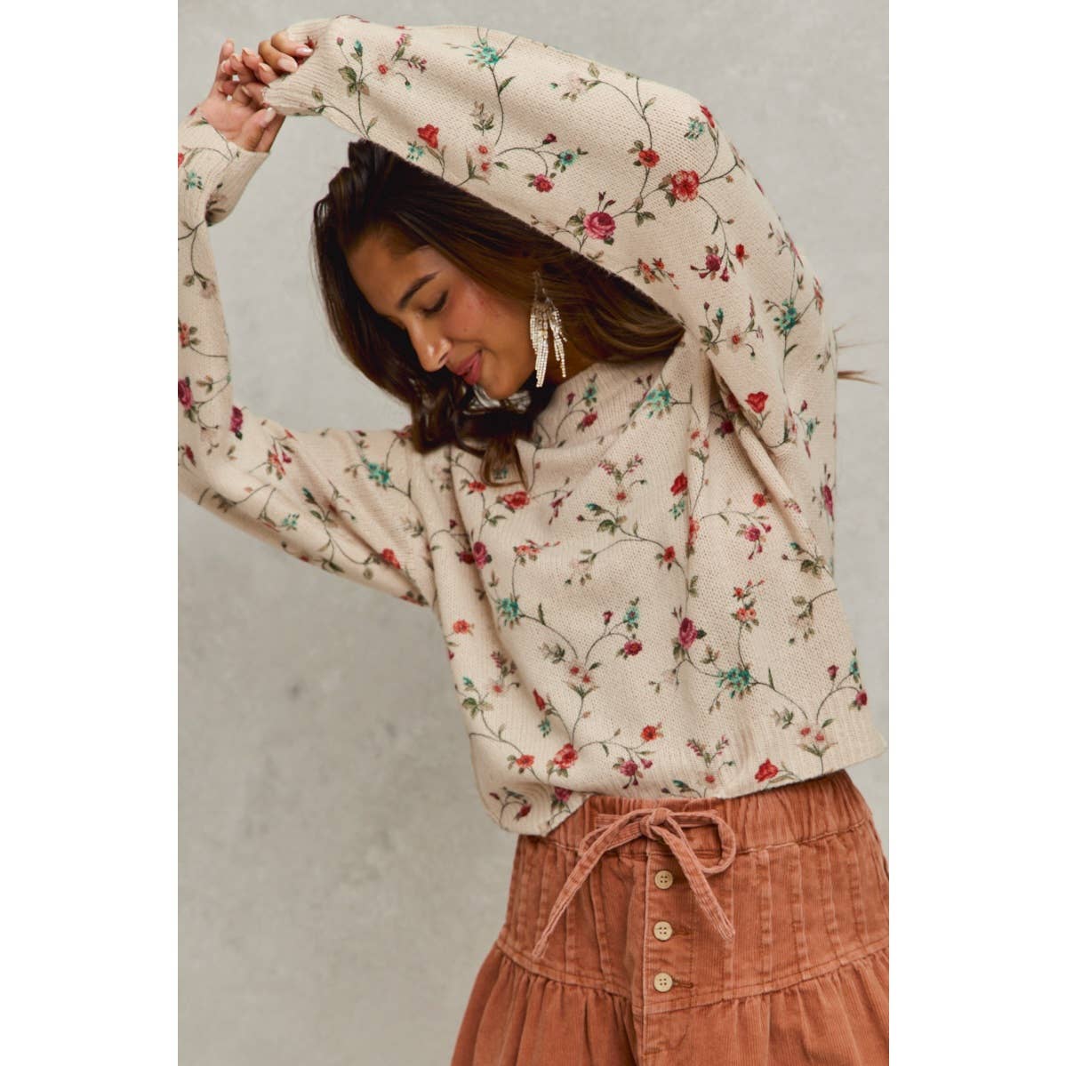 FLORAL PRINT CREWNECK SWEATER KNIT TOP