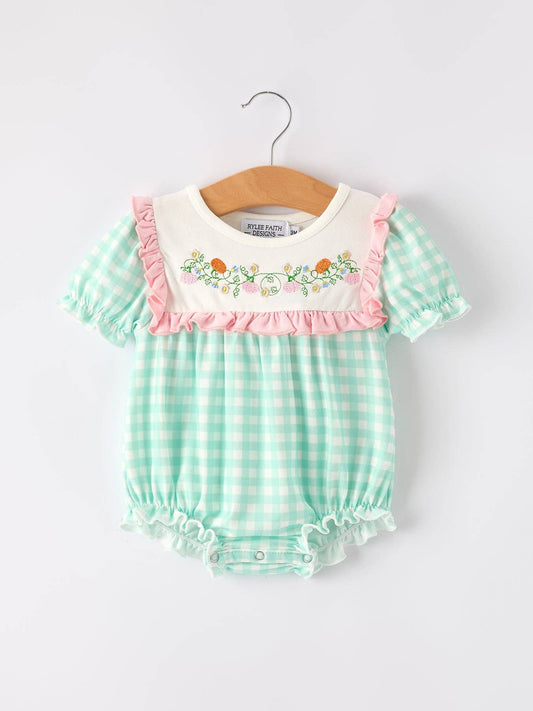 Fall Pumpkin Flowers Embroidered Check Girls Romper