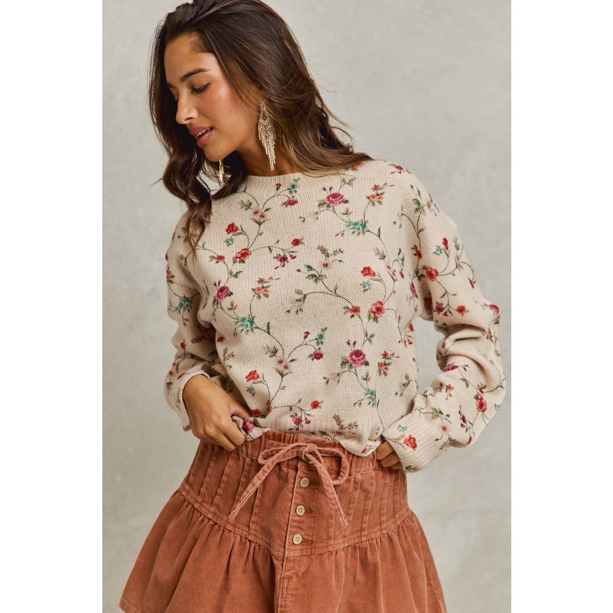 FLORAL PRINT CREWNECK SWEATER KNIT TOP