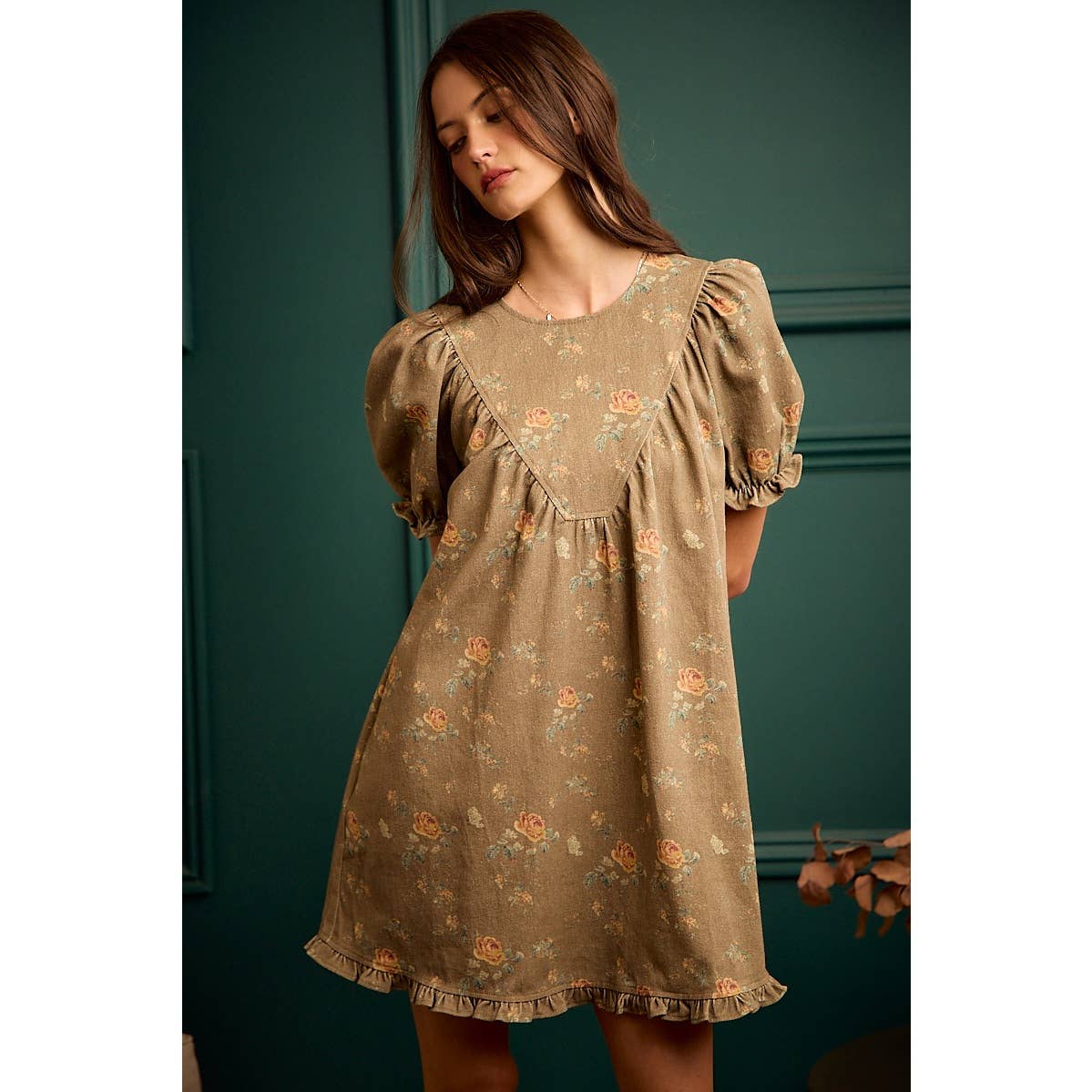FLORAL RUCHED SHORT PUFF SLEEVE MINI DRESS