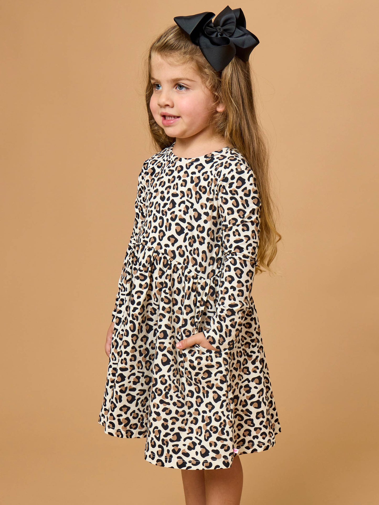Girls Classic Leopard Knit Long Sleeve Twirl Dress