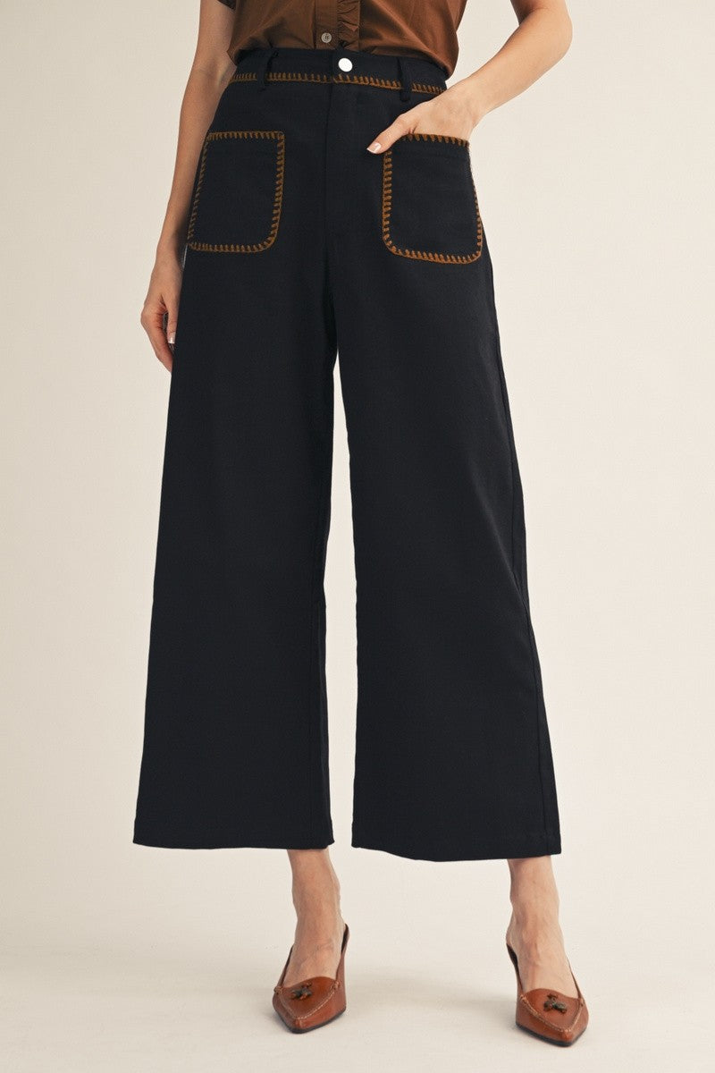 Stitch Accent Wide Leg Solid Pants