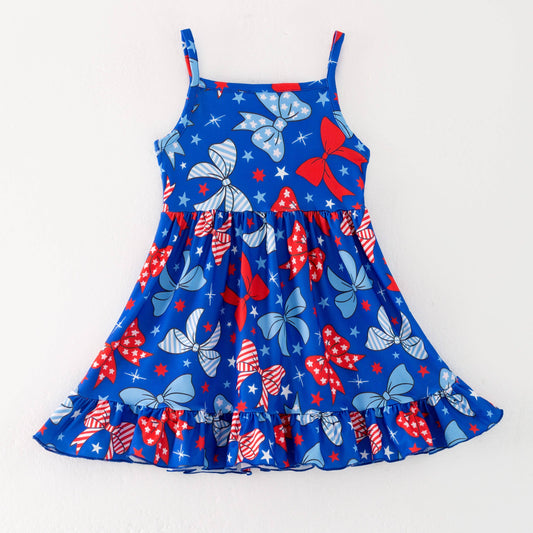 Girls July 4th Patriotic Blue Red Bow Slip Dress