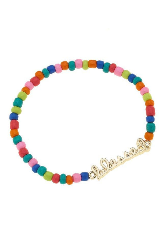 "Blessed" Rainbow Beaded Stretch Bracelet in Shiny Gold