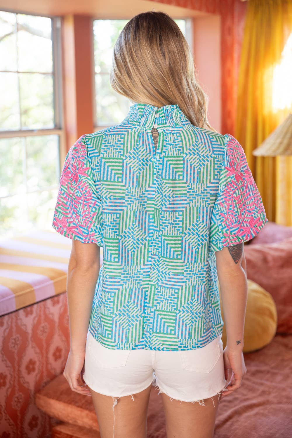 Smocked Neck Contrast Embroidered Bubble Sleeve Top
