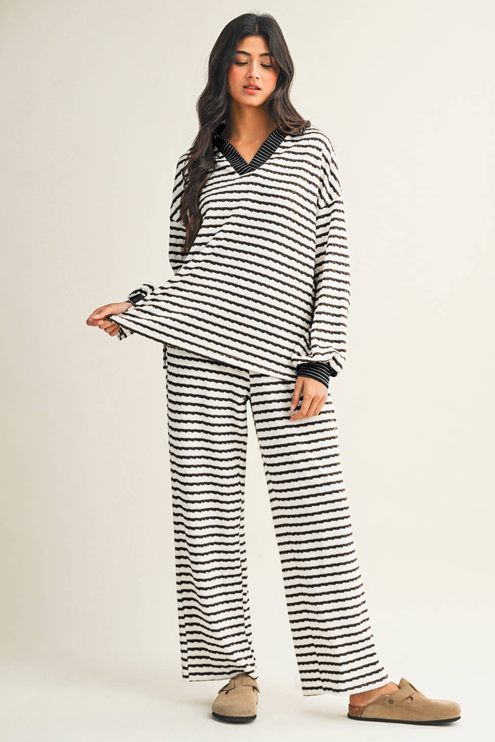 Stripe Collared Pullover Top and Drawstring Pant Set