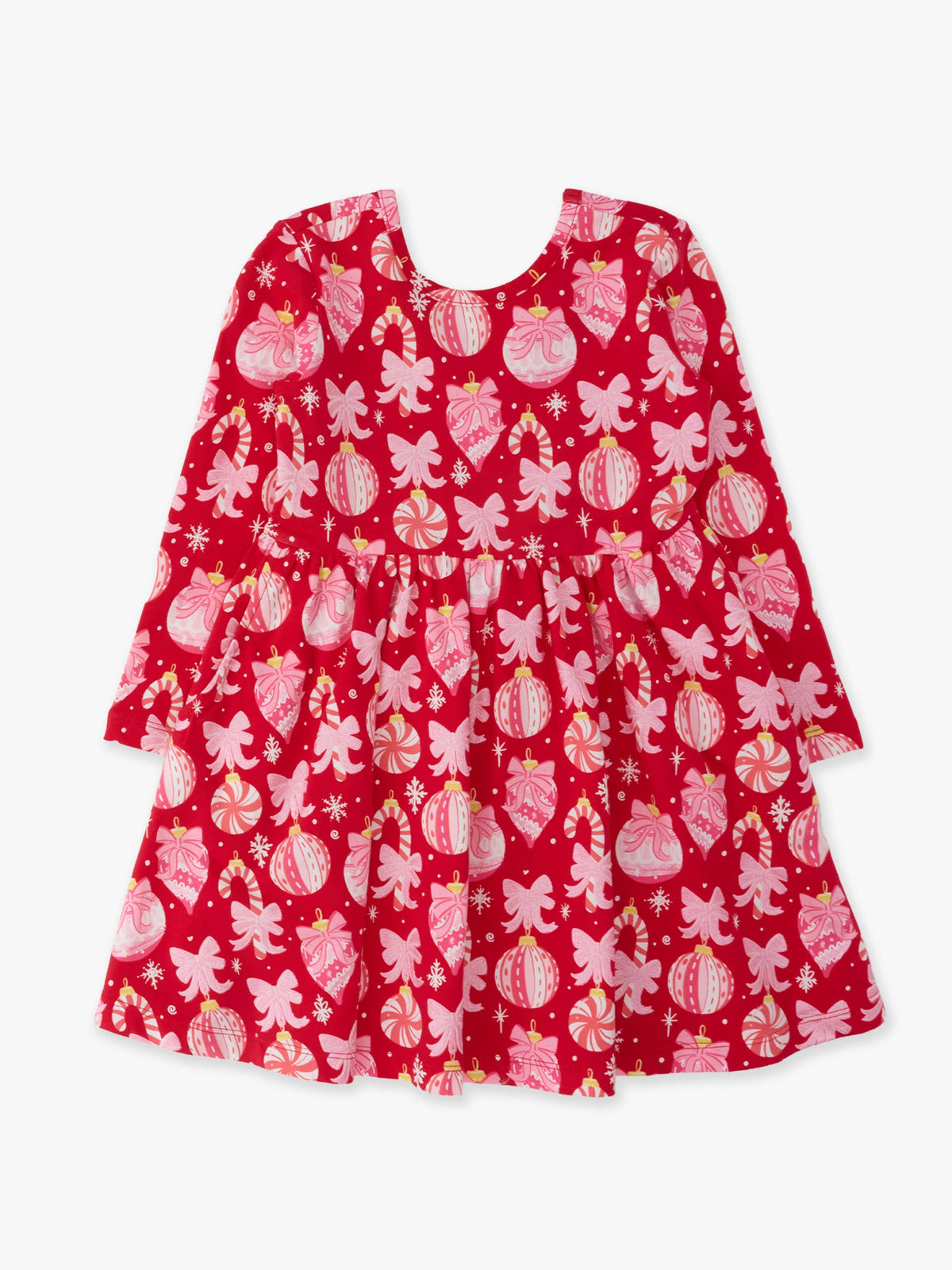 Girls Red Holly Christmas Ornament Bows Knit Long Sleeve Twirl Dress