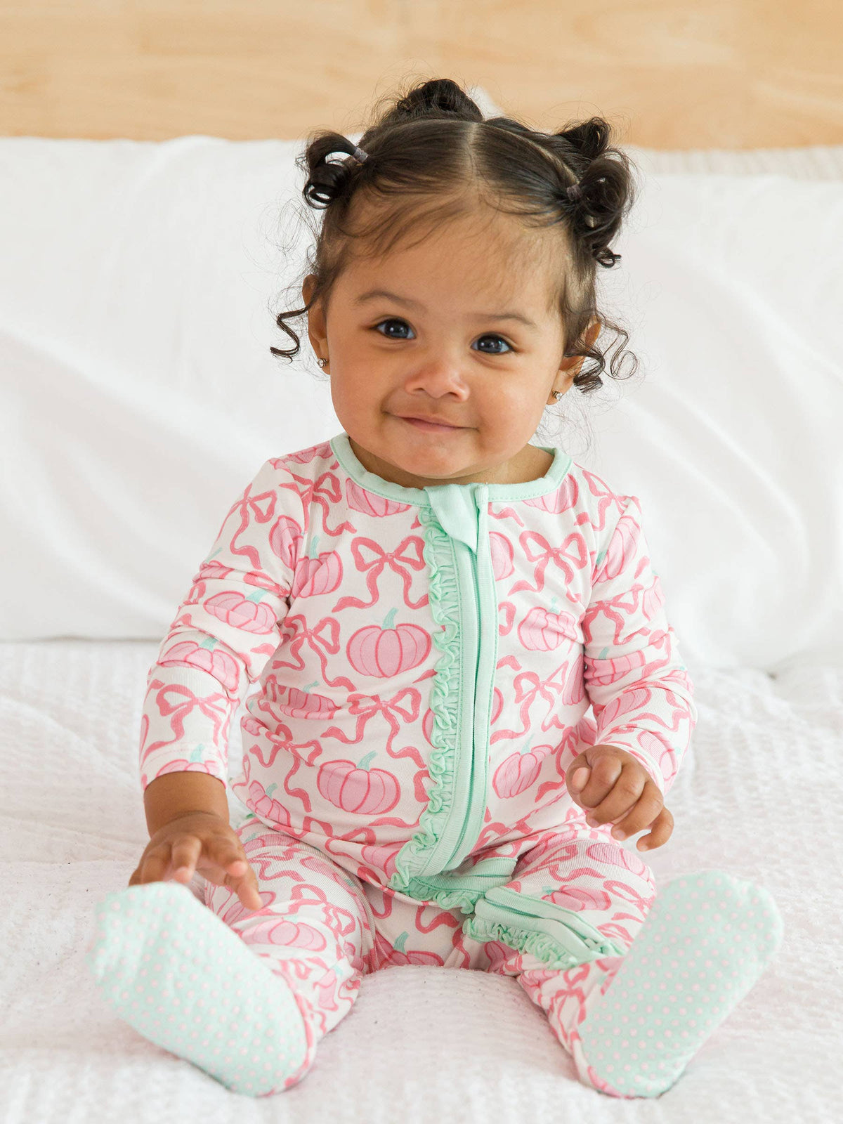 SoftSnooze™ Baby Girls Bamboo Viscose Pink Fairytale Pumpkins Footed Ruffle One Piece Pajama