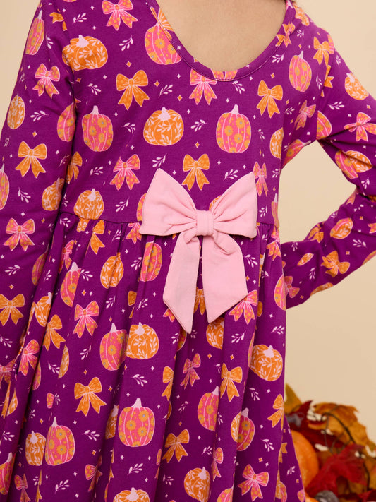 Girls Pumpkin Bow Patch Knit Long Sleeve Twirl Dress