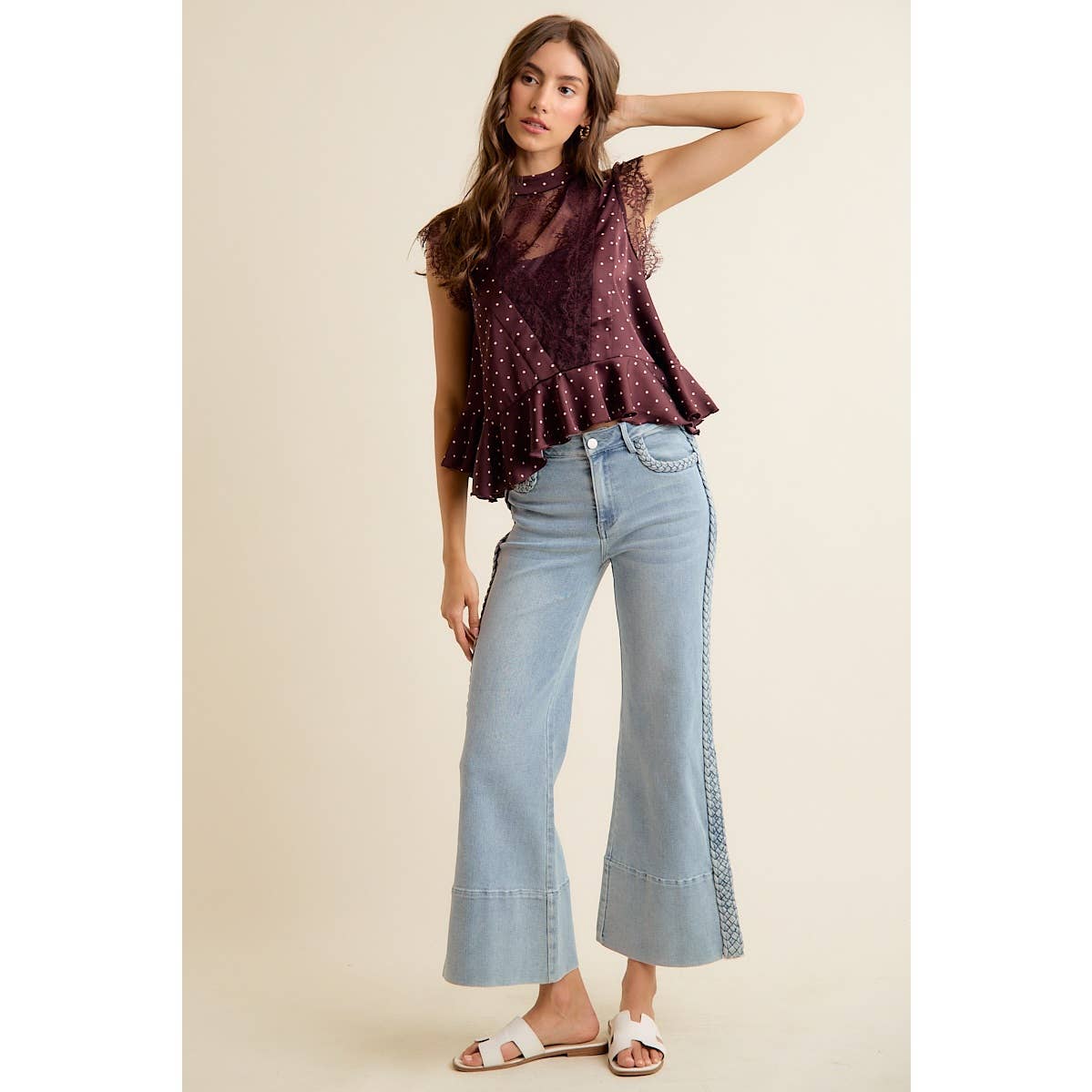 POLKA DOT SATIN LACE TRIM RUFFLED HIGH NECK BLOUSE TOP