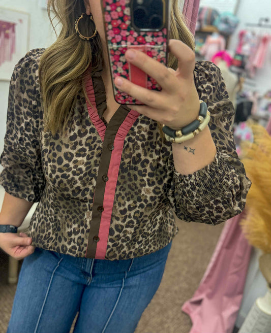 Ruffle Trim Leopard Print Blouse